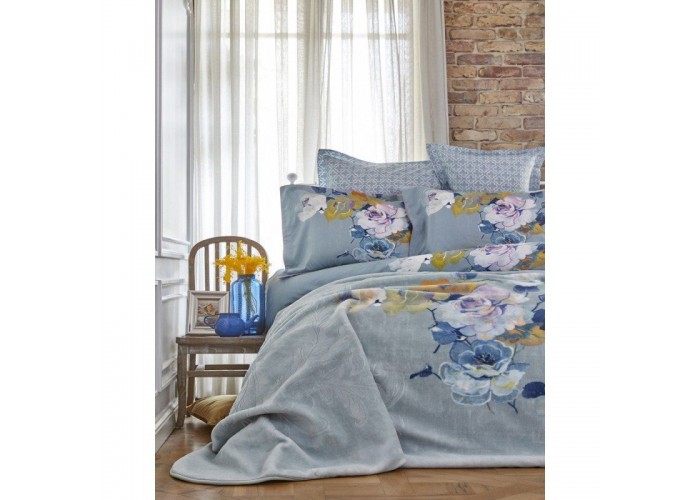  Комплект постельного белья с пледом Karaca Home - Lenusy yesil 2018-1 зеленый евро  1 — купить в PORTES.UA