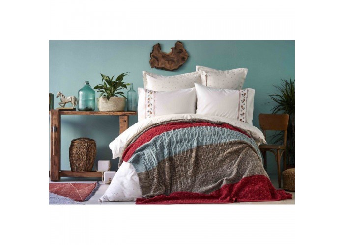  Комплект постельного белья с пледом Karaca Home - Lienzo bordo 2019-1 бордовый евро  1 — купить в PORTES.UA
