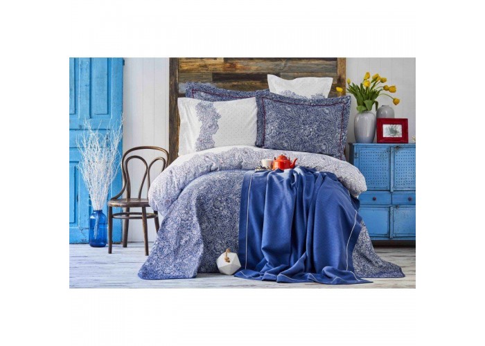  Комплект постельного белья с покрывалом + плед Karaca Home - Simi mavi 2018-2 голубой евро  1 — купить в PORTES.UA