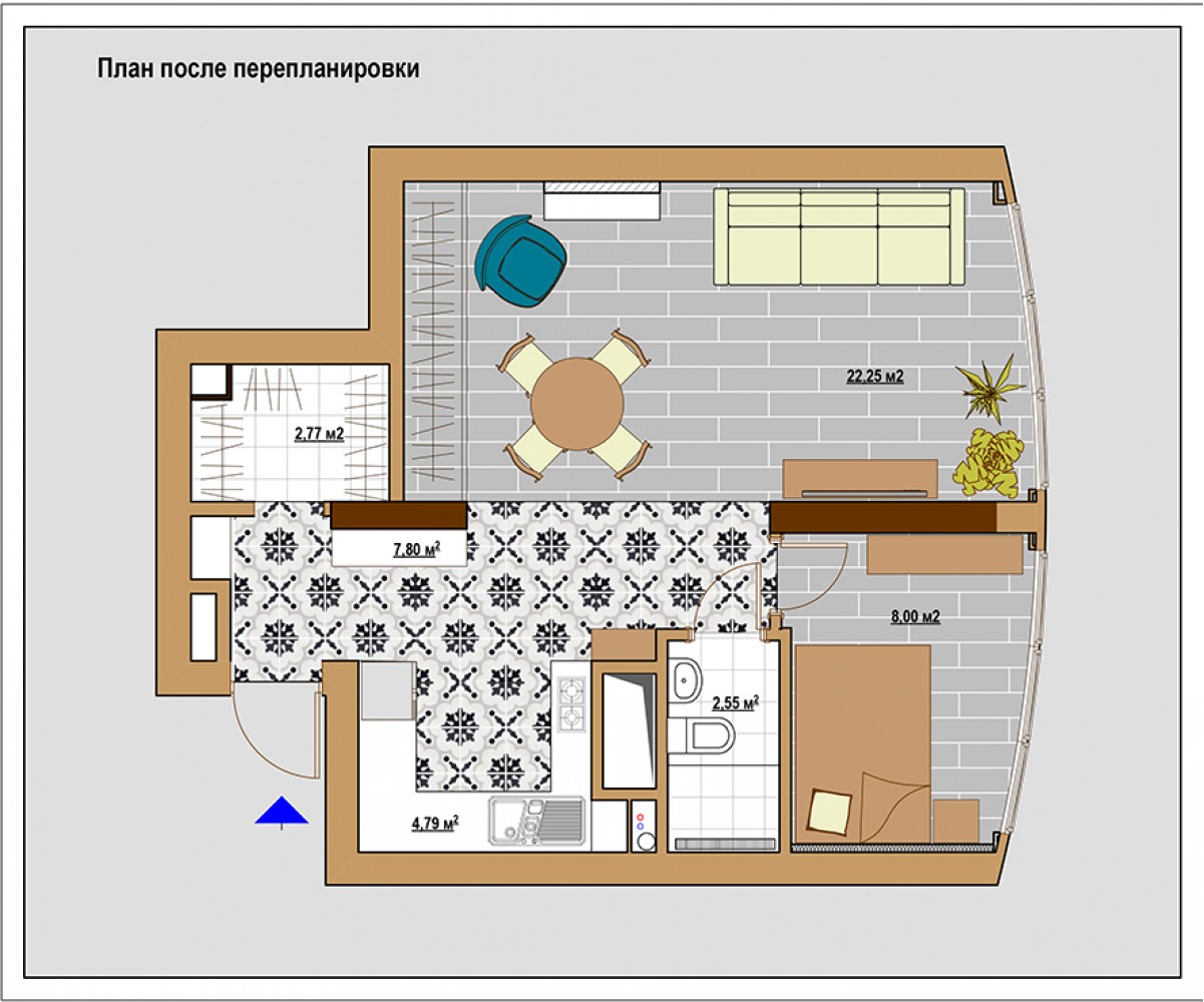 План квартири після перепланування - Дизайн-проект 1-кімнатної квартири в класичному стилі, 47м.кв - Катерина Кузьмук