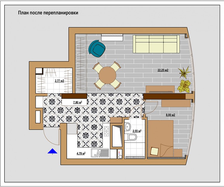 План квартиры после перепланировки — Дизайн-проект 1-комнатной квартиры в классическом стиле, 47м.кв — Катерина Кузьмук