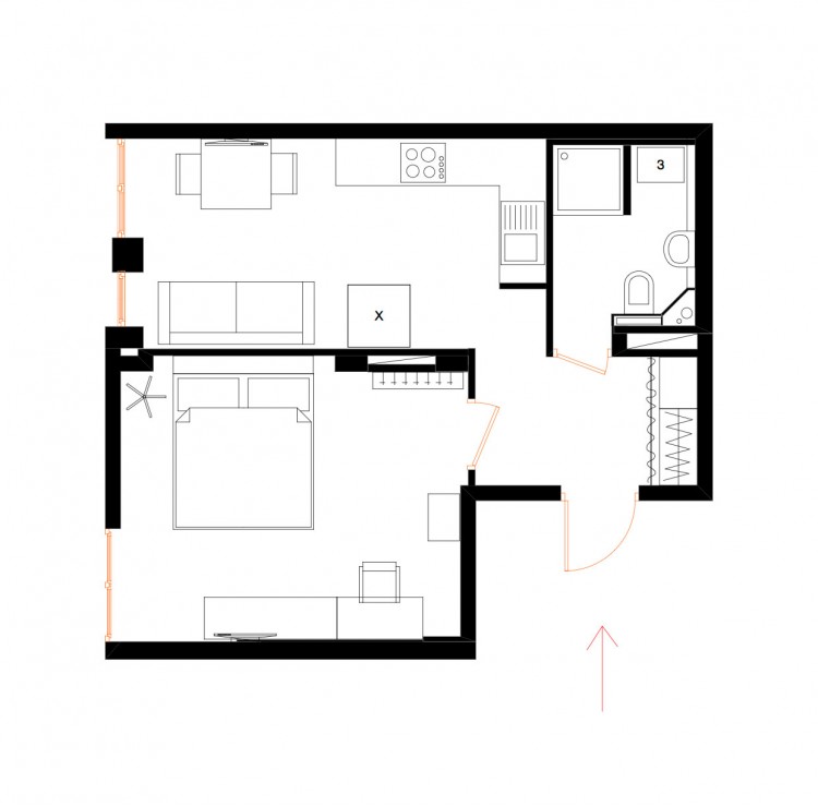 План после перепланировки — Дизайн 2-комнатной квартиры Soft Scandinavian Loft, 40 м.кв — дизайнер Ира Сазонова