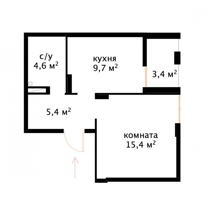 План до перепланировки — Дизайн 1-комнатной квартиры Studio Open Space, ЖК Комфорт Таун, 40 м.кв — дизайнер Сазонова Ира
