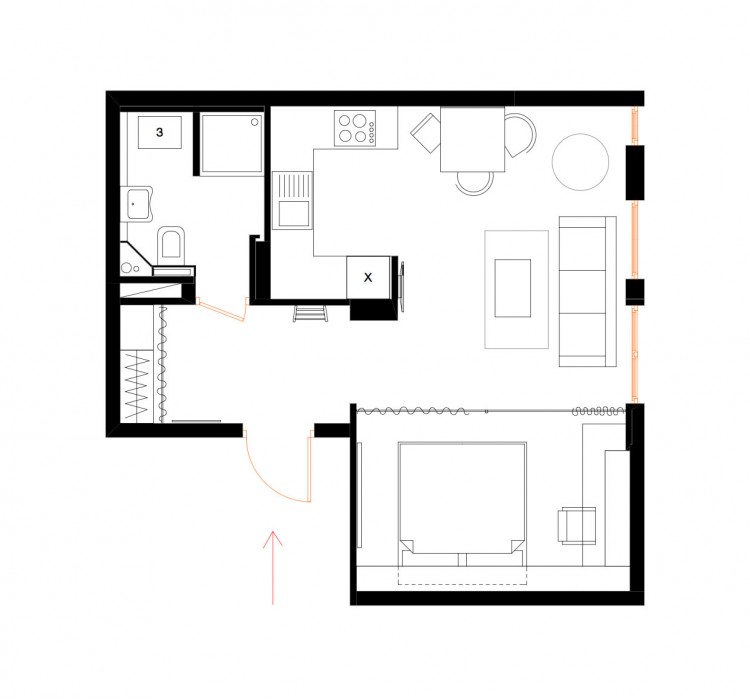 План перепланування з розміщенням меблів - Дизайн 1-кімнатної квартири Studio Open Space, ЖК Комфорт Таун, 40 м.кв - дизайнер Сазонова Іра
