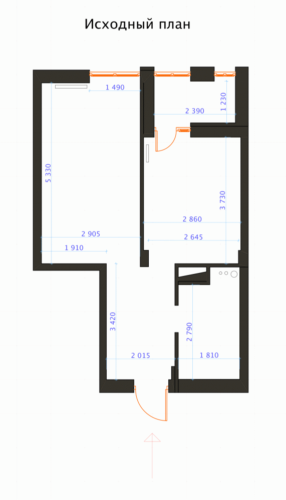 План исходный в дизайн-проекте  смарт- квартиры ЖК Комфорт Таун, 41 м.кв. — дизайнер Ирина Сазонова 