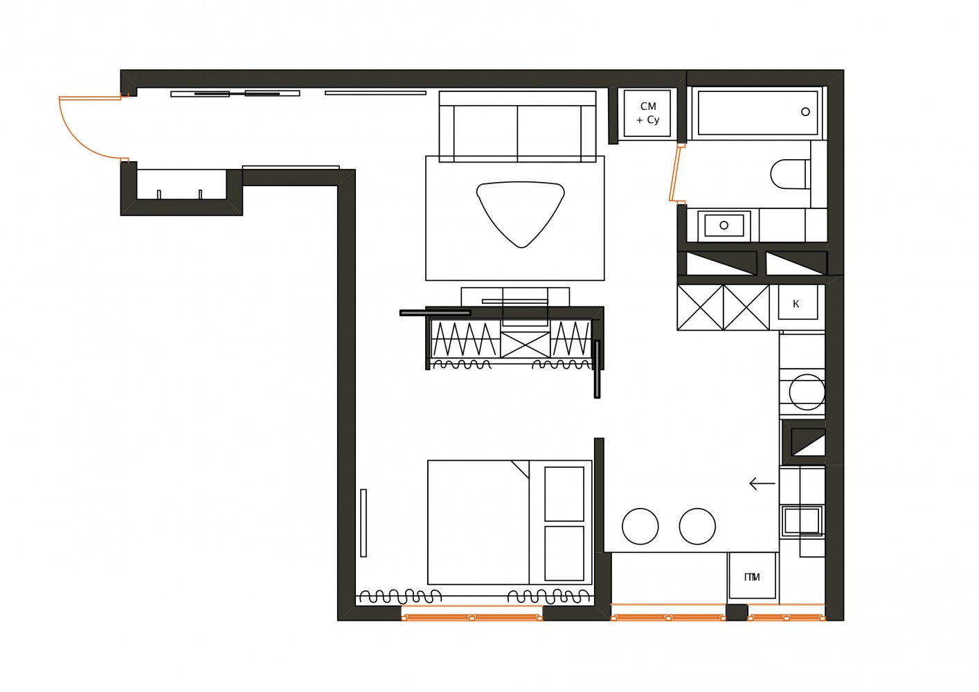 План перепланировки с расстановкой мебели  в дизайн-проекте  смарт- квартиры ЖК PARKLAND, 43 м.кв.— дизайнер Ирина Сазонова 