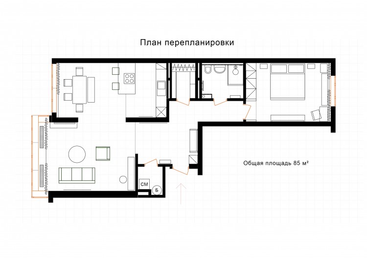 План перепланування з розміщенням меблів - Дизайн-проект 2-кімнатної квартири "Forever young" White Cozy Home в ЖК River Stone, 85м.кв - дизайнер Сазонова Іра