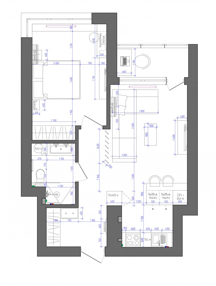 Планировка в дизайн-проекте 2-комнатной квартиры в ЖК Заречный, 50м.кв.— студия дизайна KEY Design
