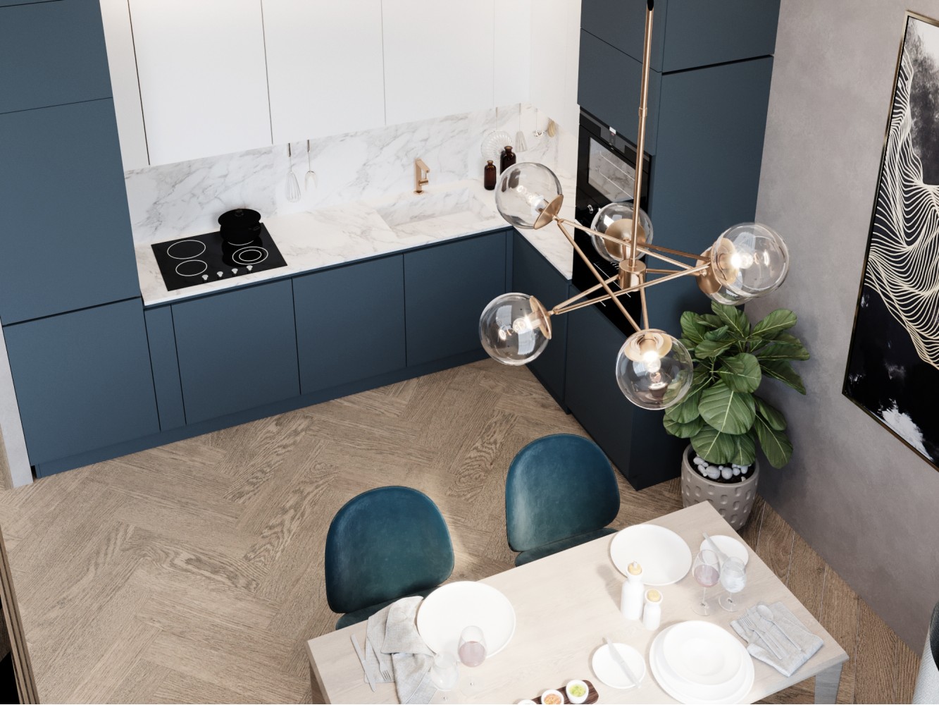 Кухня-столовая в дизайн-проекте  квартиры-студии в ЖК Кристал Парк — 46м.кв. — BoDesign