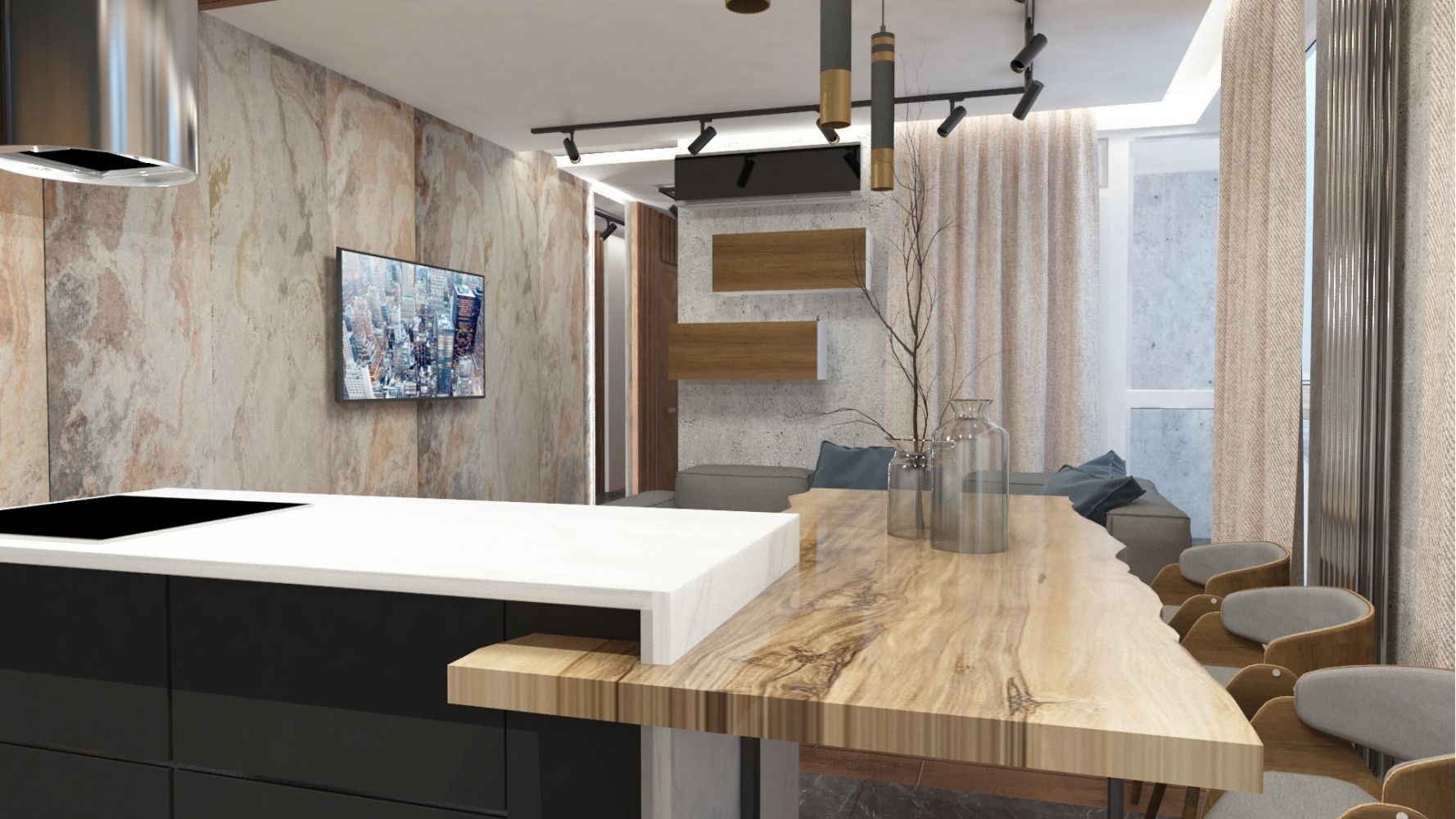 Кухня -столовая в дизайн-проекте квартиры-студии ЖК Заречный — InsideOut