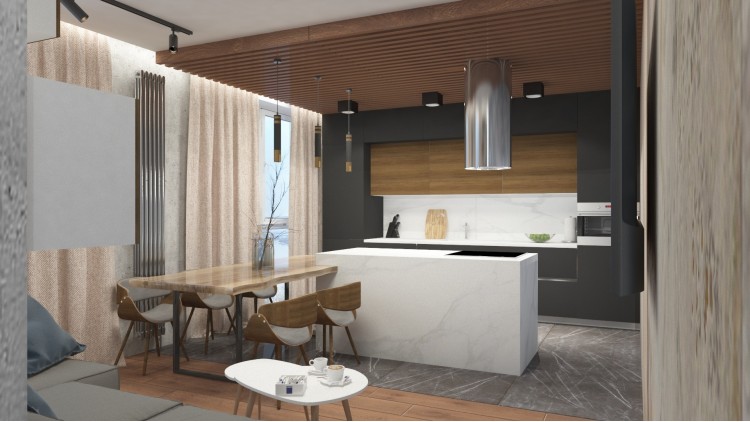 Кухня-їдальня в дизайн-проекті квартири-студії ЖК Зарічний — InsideOut