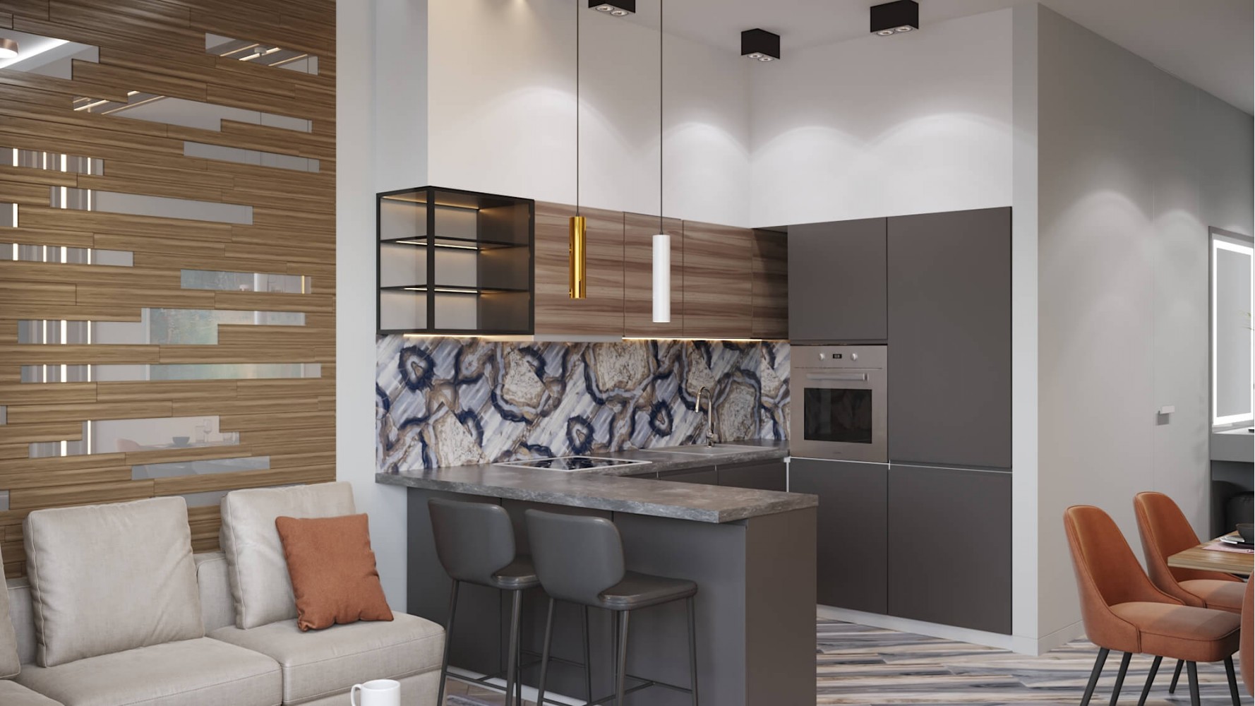 Кухня с гостиной  в дизайн-проекте квартиры  ЖК River Stone, 55м.кв — студия дизайна NS interior Design