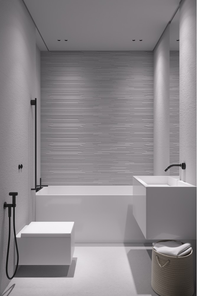 Фото интерьера: Ванная в серых тонах, стиль минимализм – ЖК  Файна Таун  кв. 82 м2 – 223