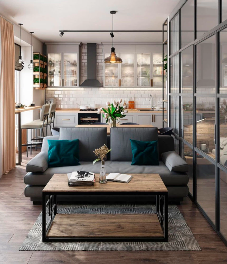 Дизайн гостиной-студии в стиле минимализм