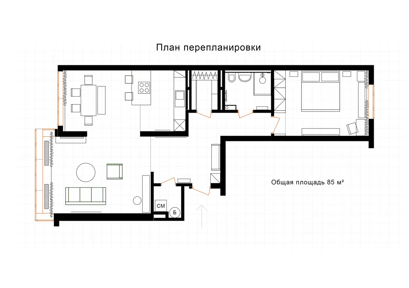 План перепланировки с расстановкой мебели — Дизайн-проект 2-комнатной квартиры "Forever young" White Cozy Home в ЖК River Stone, 85м.кв — дизайнер Сазонова Ира