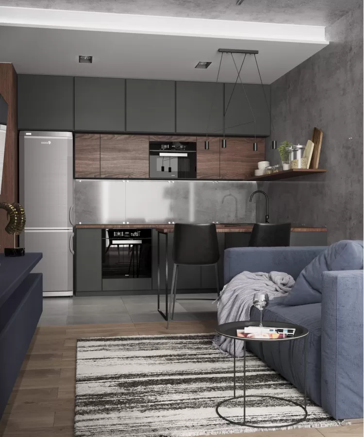 Кухня-гостиная в дизайн-проекте квартиры  ЖК Славутич 39м.кв — студия дизайна KEY Design