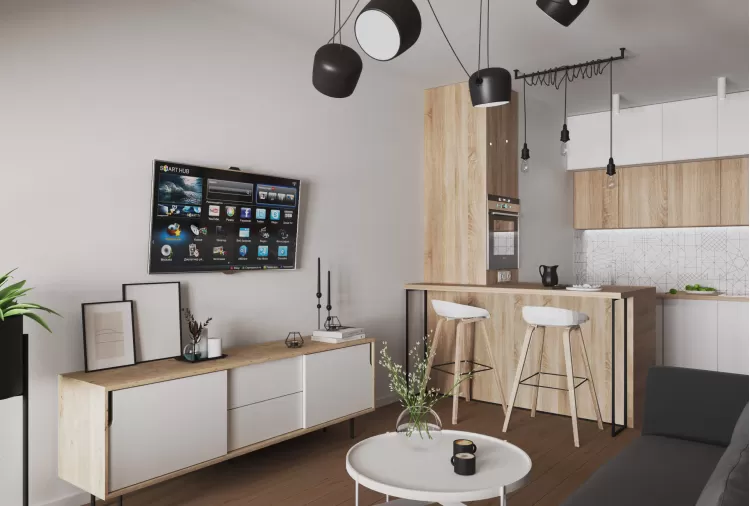 Кухня-гостиная  в дизайн-проект 2-квартиры в ЖК Заречный, 50м.кв. —  студия дизайна KEY Design