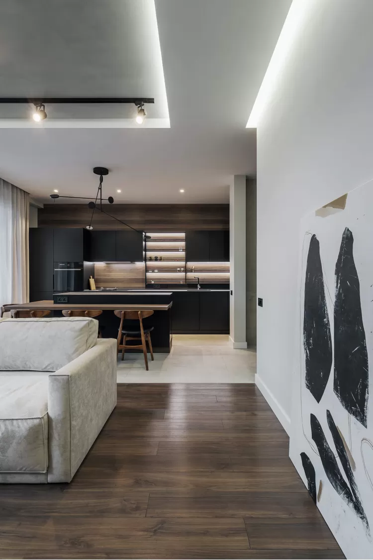 Кухня-гостиная в дизайн-проекте квартиры в КД GOGOL 47, 82 м.кв. — студия дизайна TABOORET