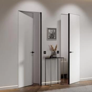 Две открытые двери скрытого монтажа с темными ручками.