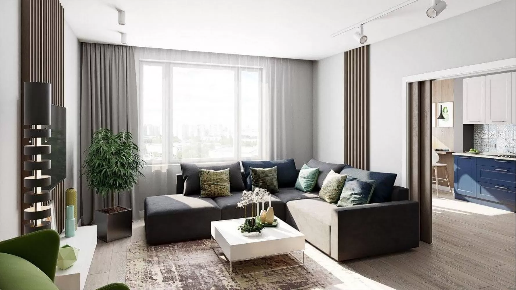 Вітальня в дизайн-проекті квартири в ЖК Наш будинок, 95 м.кв. 10:02 Design Burean