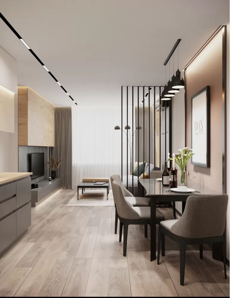 Вітальня з обідньою зоною в дизайн-проекті 2-кімнатної квартири ЖК Місто Квітів — BoDesign