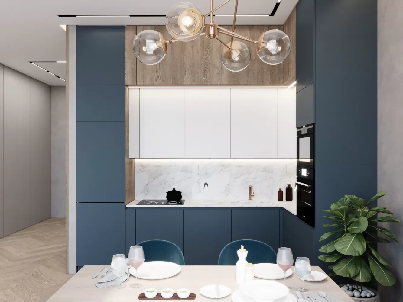 Кухня-столовая в дизайн-проекте  квартиры-студии в ЖК Кристал Парк — 46м.кв. — BoDesign