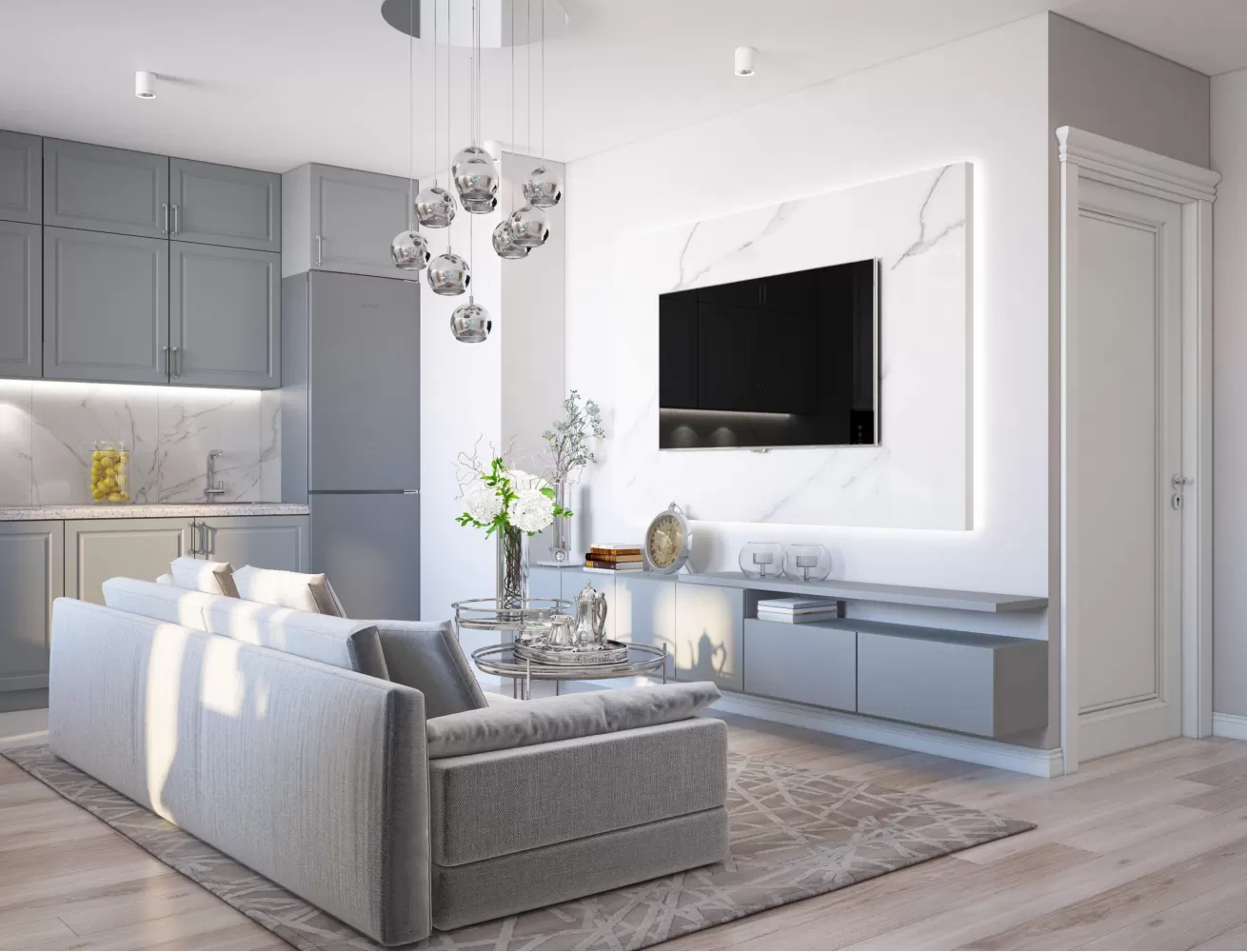 Кухня с гостиной в дизайн-проекте квартиры  ЖК Viktori, 86 м.кв. — NS Interior Design