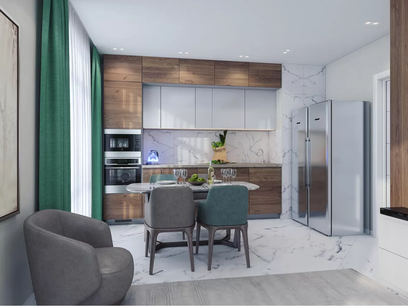 Кухня з вітальнею в дизайн-проекті квартири ЖК Адамант, 86 м.кв. - NS Interior Design