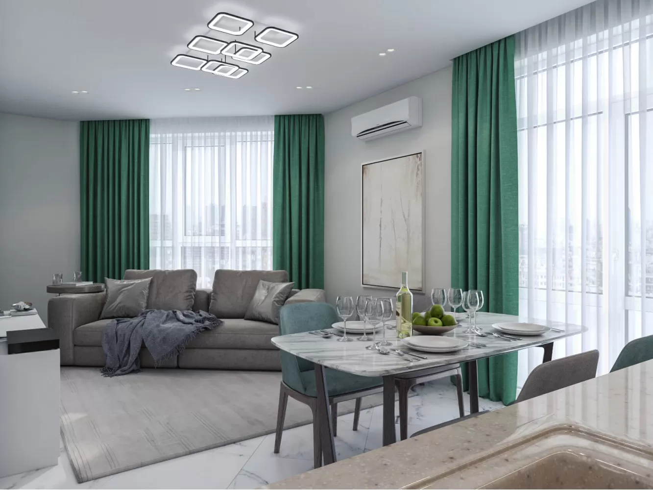 Кухня с гостиной в дизайн-проекте квартиры ЖК Адамант, 86 м.кв. — NS Interior Design