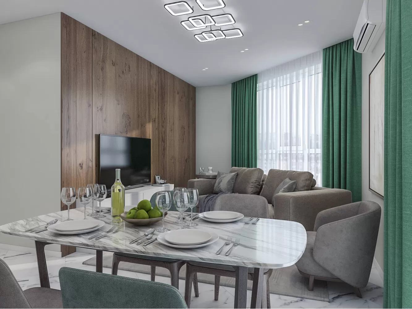 Кухня с гостиной в дизайн-проекте квартиры ЖК Адамант, 86 м.кв. — NS Interior Design