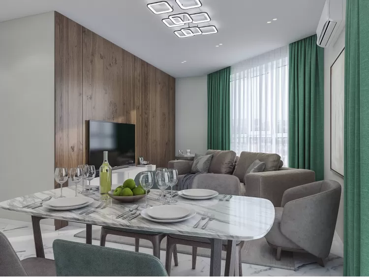 Кухня з вітальнею в дизайн-проекті квартири ЖК Адамант, 86 м.кв. - NS Interior Design