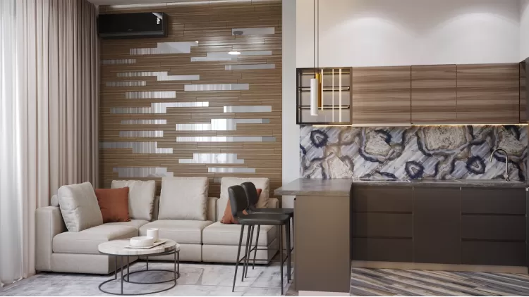 Кухня с гостиной  в дизайн-проекте квартиры  ЖК River Stone, 55м.кв — студия дизайна NS interior Design