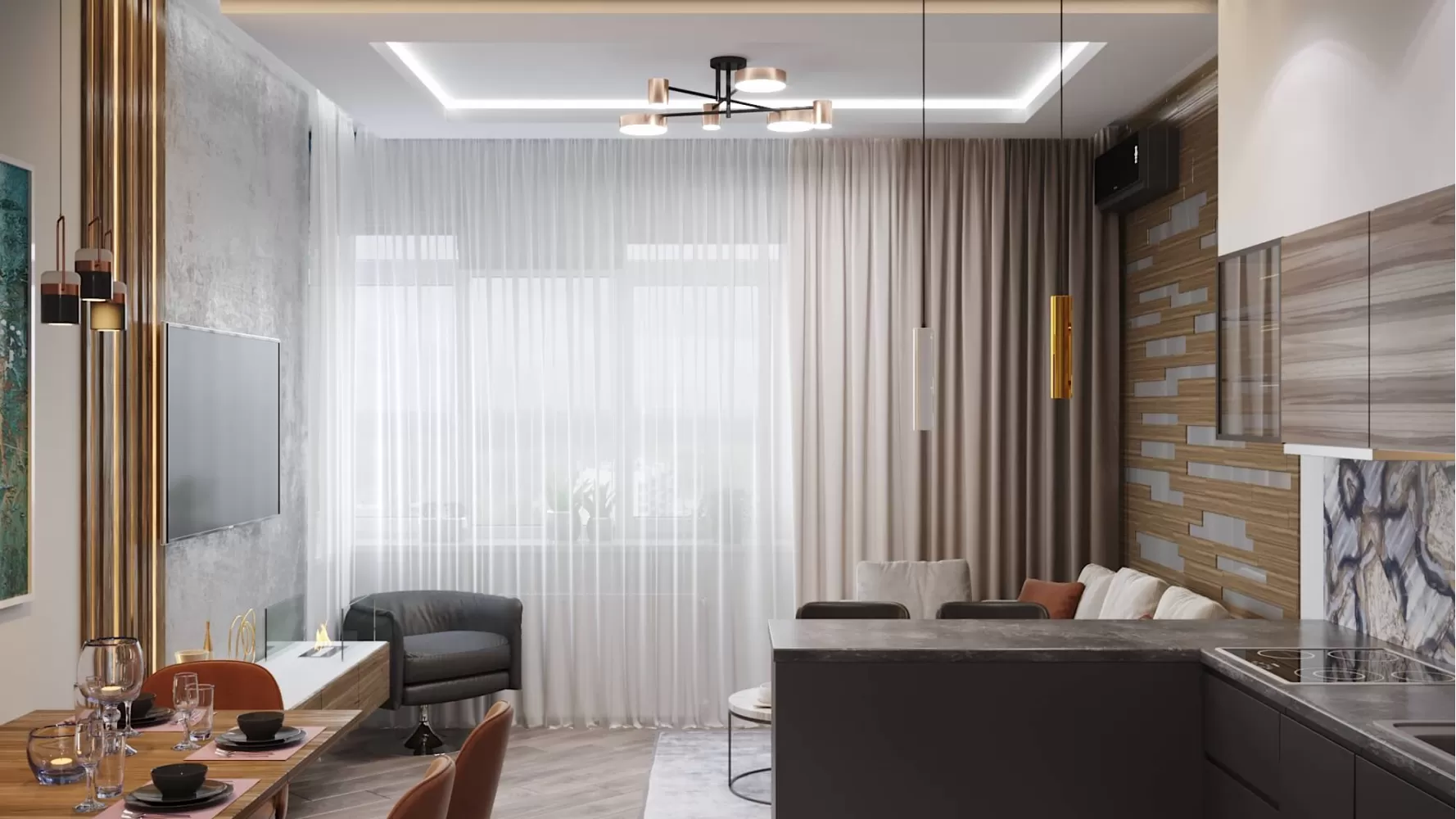 Кухня с гостиной  в дизайн-проекте квартиры  ЖК River Stone, 55м.кв — студия дизайна NS interior Design