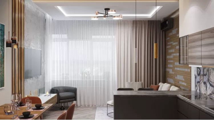 Кухня с гостиной  в дизайн-проекте квартиры  ЖК River Stone, 55м.кв — студия дизайна NS interior Design