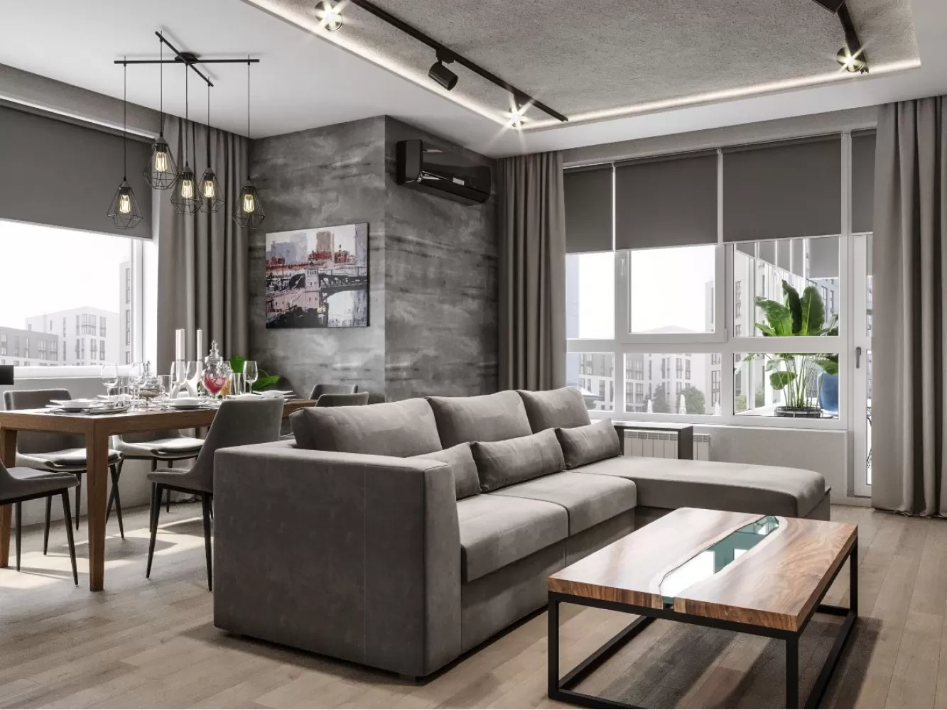 Дизайн вітальні з обідньою зоною в сірих тонах - фото 1