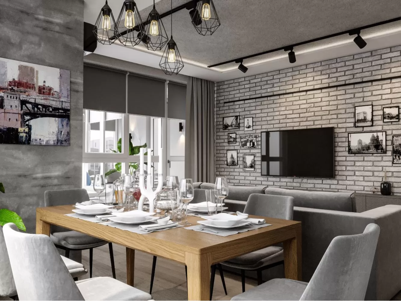 Дизайн вітальні з обідньою зоною в сірих тонах - фото 2