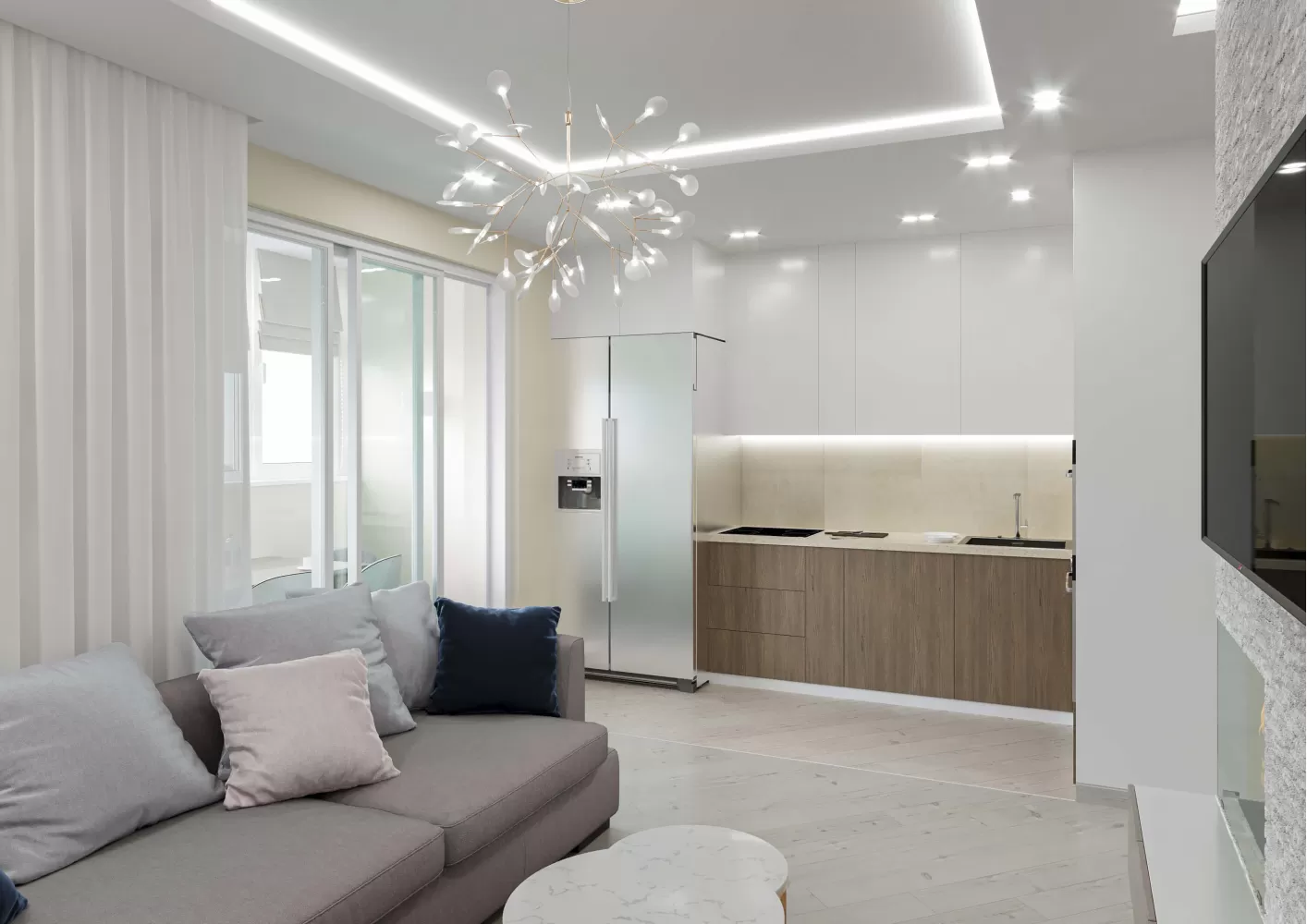 Кухня с гостиной в дизайн-проекте квартиры  ЖК Viktori, 86 м.кв. — NS Interior Design