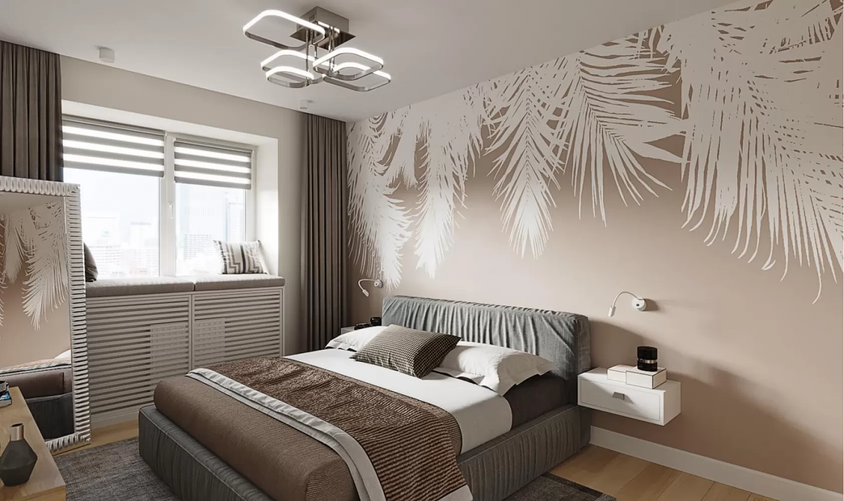 Спальная комната в светлых тонах в двухкомнатной квартире