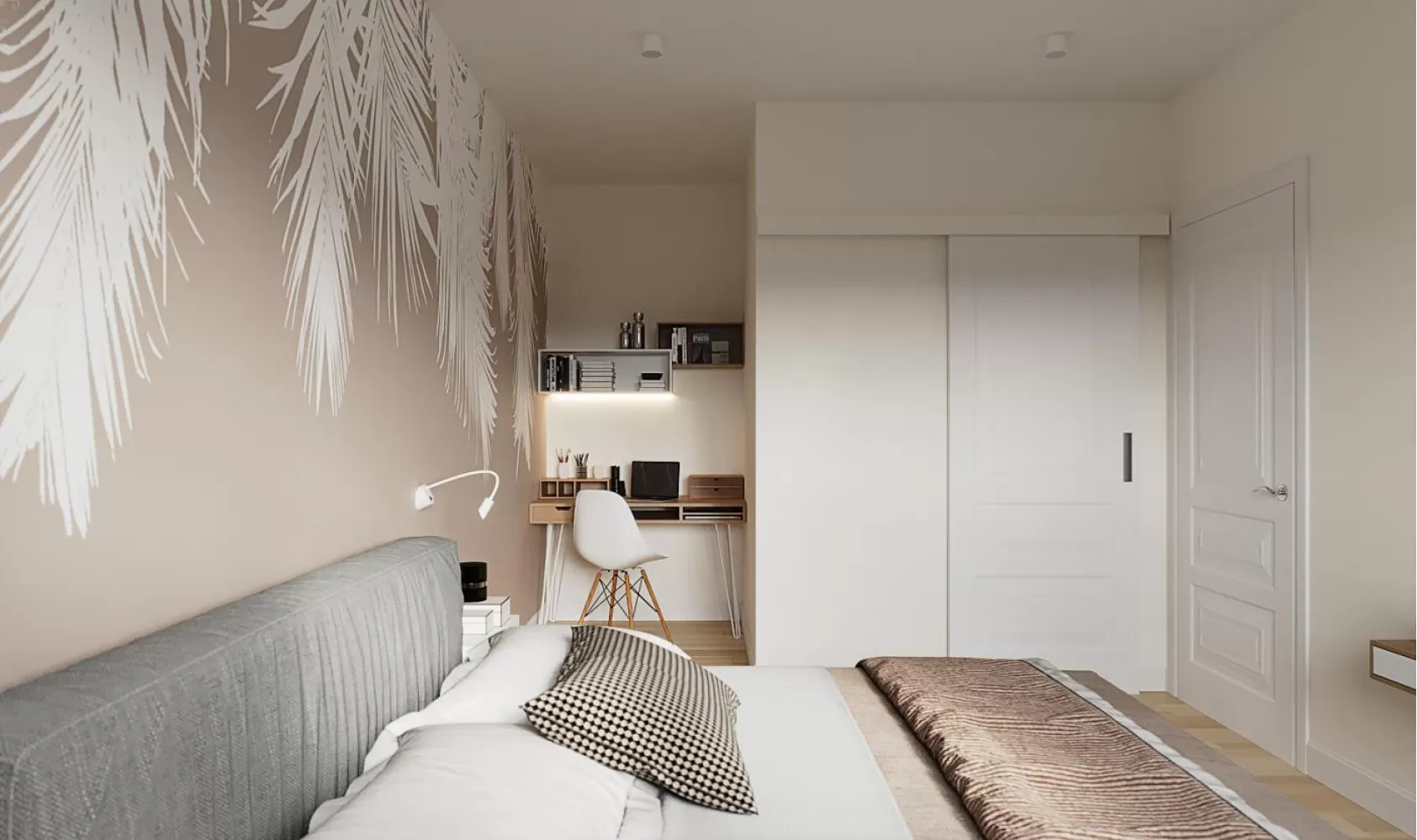 Спальна кімната у світлих тонах у двокімнатній квартирі