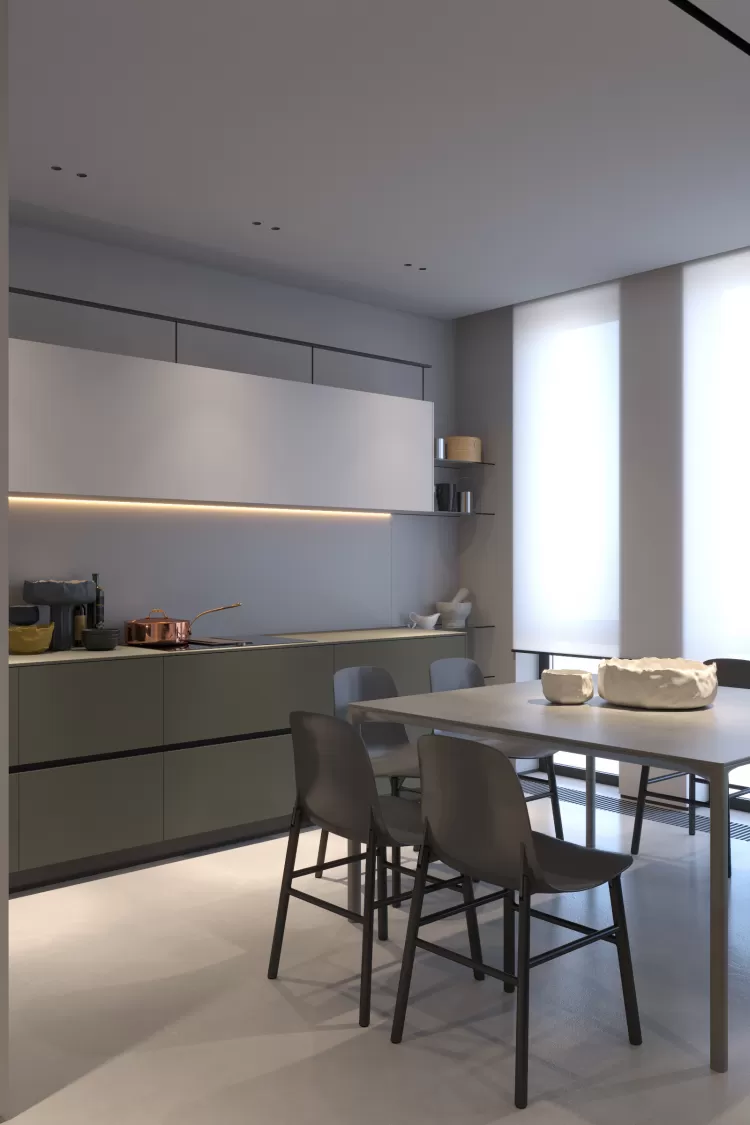 Кухня-столовая в серо-коричневом цвете