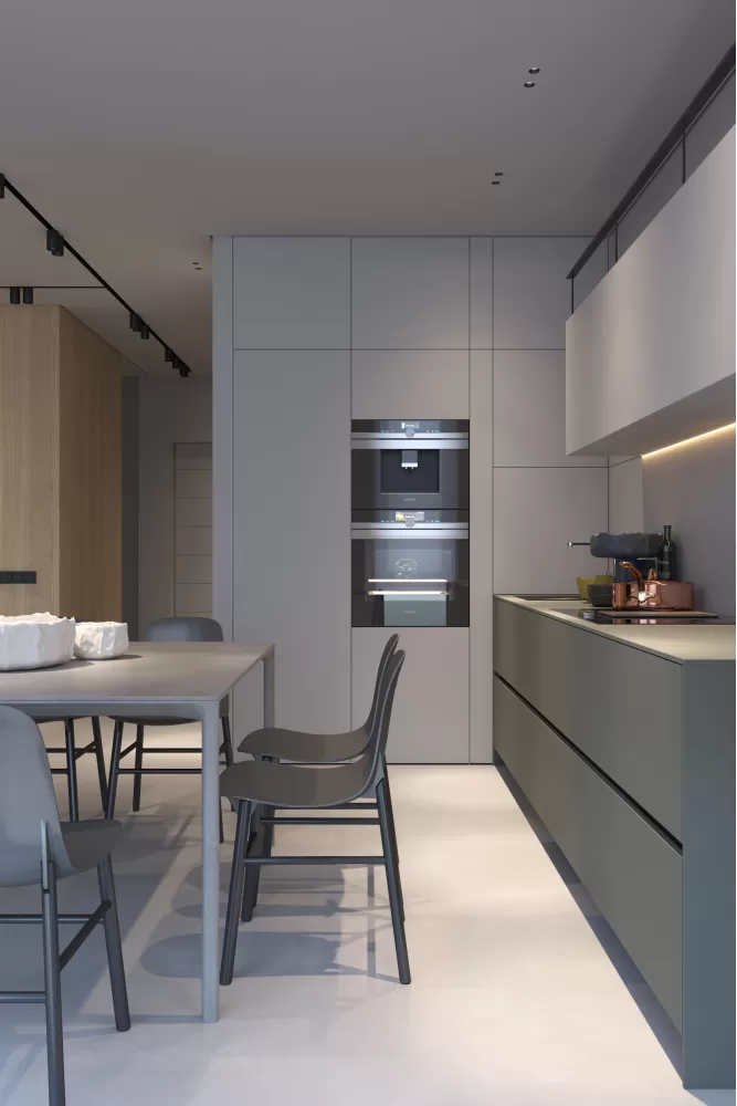 Открытая кухня в серых тонах