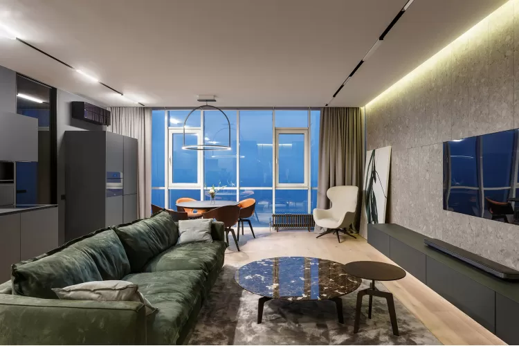 Вітальня з обідньою зоною в дизайн-проекті квартири-студії Timeless - 62м.кв. - Svoya