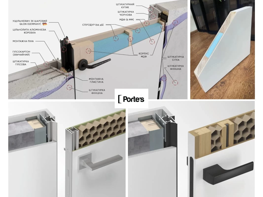 Различные конструкции дверей скрытого монтажа, фото демонстрирует сечения полотен с сотовым наполнителем и усиленную версию с дополнительной шумоизоляцией для повышения комфорта и уединения ваших пространств.