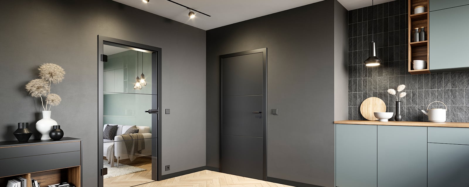 Современный дизайн интерьера: темные стены, кухонный уголок, стеклянные двери, декоративные вазы.