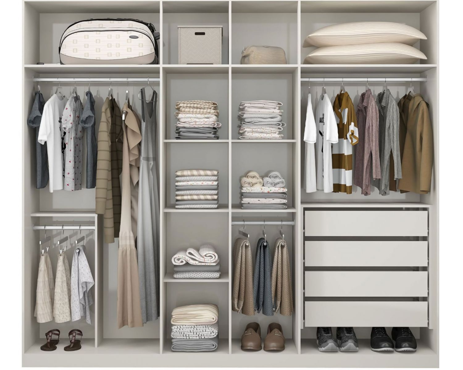 Аккуратно организованный шкаф для одежды с разделами для вешалок, полками для свёрнутой одежды, выдвижными ящиками и нижними отсеками для обуви