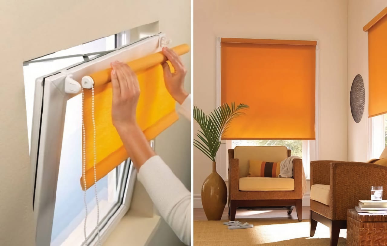 Процесс установки рулонных штор на окно. Слева руки человека устанавливают жёлтую рулонную штору в крепления у окна, а справа изображен интерьер комнаты с опущенной жёлтой рулонной шторой на окне.