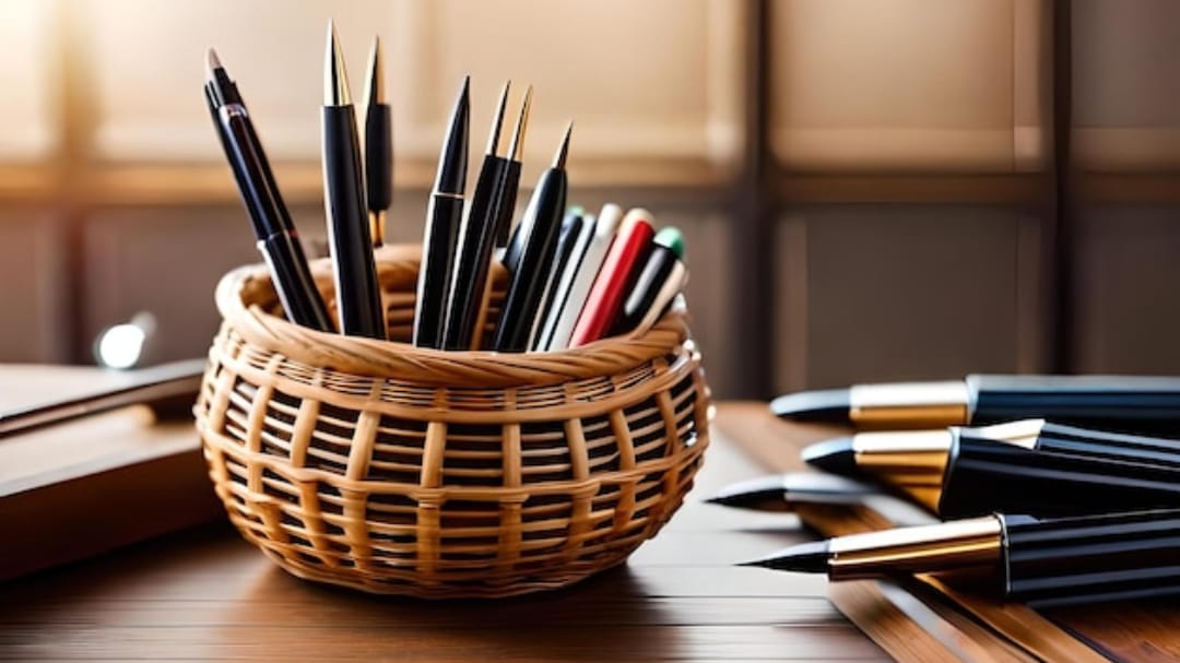 Корзина с ручками и карандашами на деревянном столе, рядом лежат несколько ручек