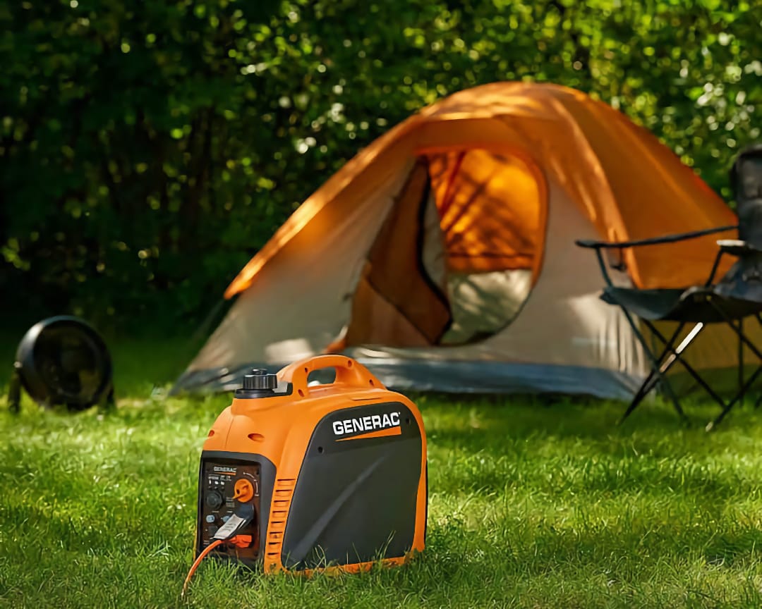Оранжевый портативный генератор Generac установлен на зеленой траве на переднем плане, палатка и кемпинговый стул на заднем плане.