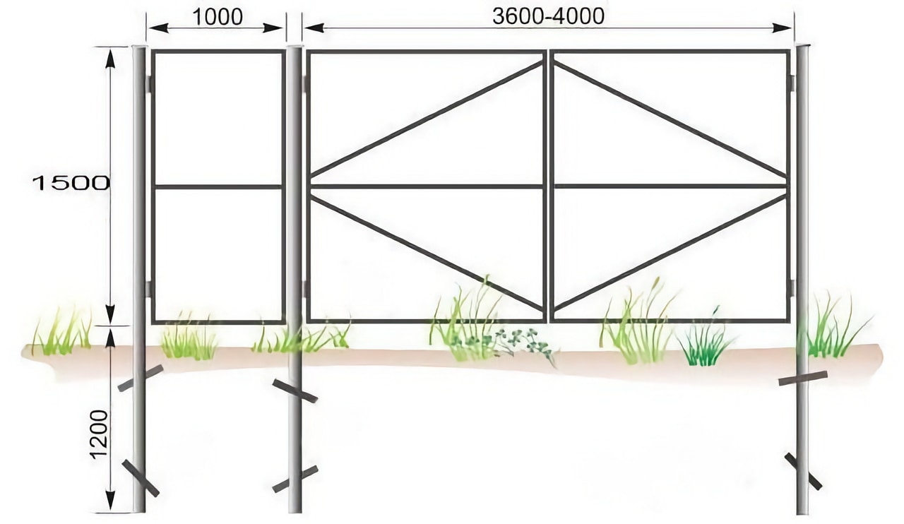 Чертеж части забора, опорной стены или другой строительной конструкции, который включает в себя размеры. Изображены вертикальные и горизонтальные элементы с указанием их длины в миллиметрах.