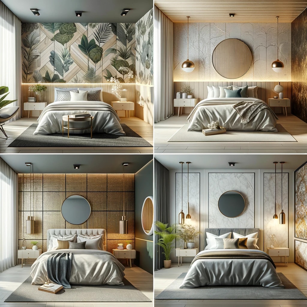 Коллаж из четырёх современных спален с разными дизайнерскими решениями, включающими элементы из дерева и металла, стильное освещение, декоративные обои и растения, создающие уникальную и уютную атмосферу.